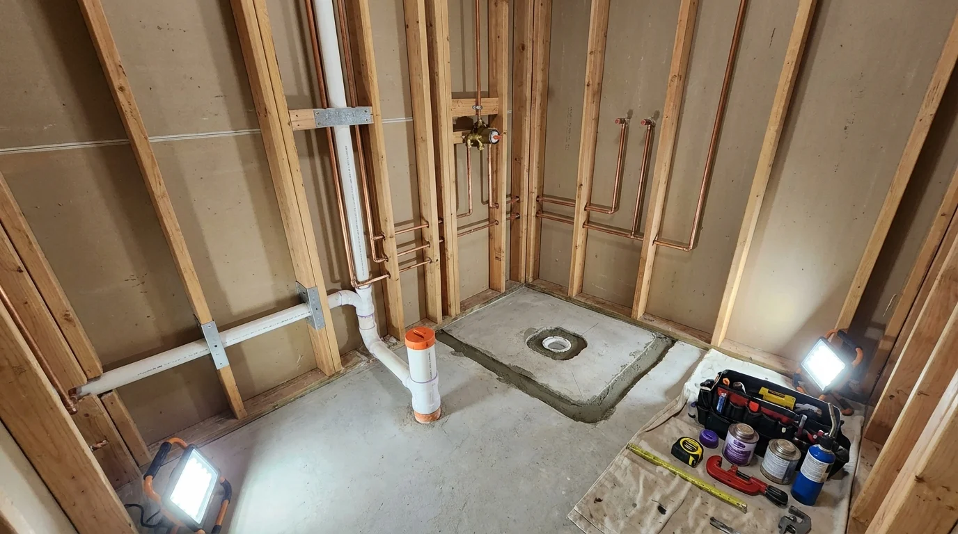 Bathroom rough-in plumbing during remodel by Johns Plumbing LLC in New Wilmington