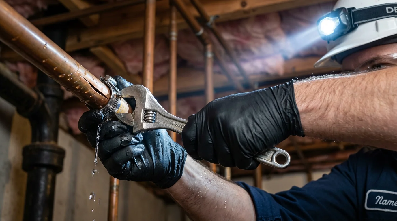 Emergency pipe clamp repair being performed by a Johns Plumbing LLC plumber in New Wilmington