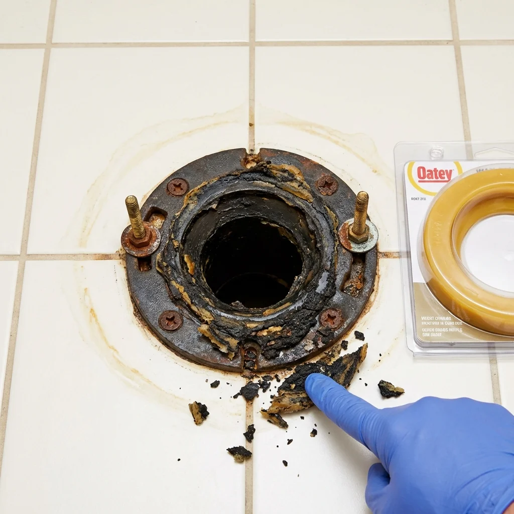Failed wax ring showing water seepage at the base of a toilet in a New Wilmington, PA home
