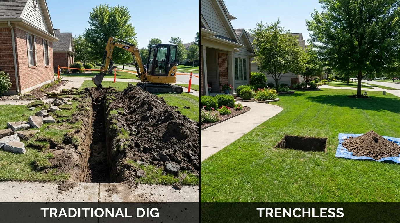 Trenchless sewer repair with minimal yard damage versus traditional excavation in New Wilmington, PA