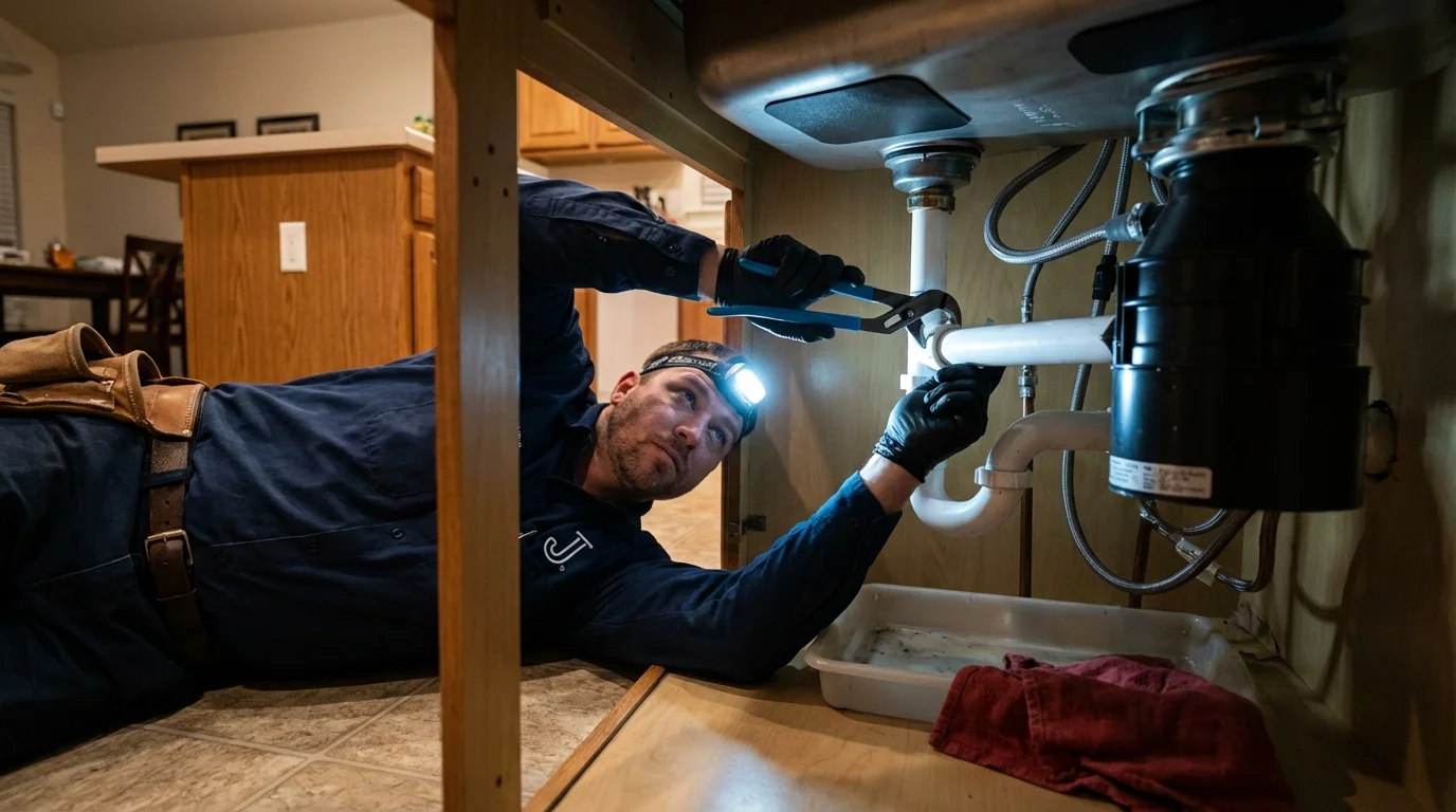 P-trap and supply line connections under a kitchen sink showing a common leak point in New Wilmington, PA
